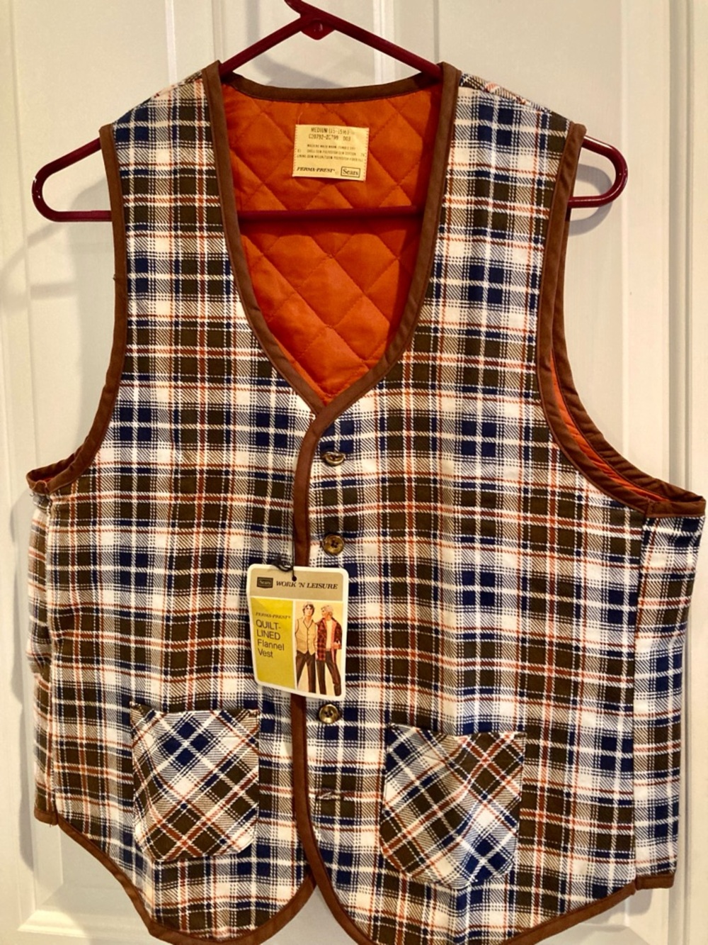 NEW Vintage Sears Quilt Lined Plaid Quilted Flannel Vest Western Size M Retro